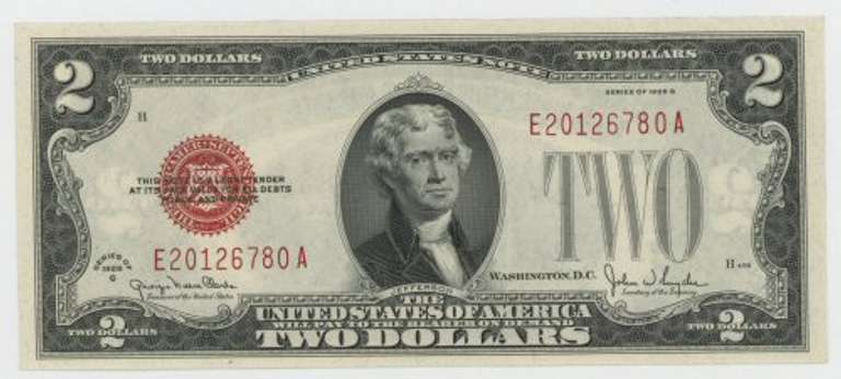 Choice Crisp Uncirculated 1928-G $2 Red Seal Note