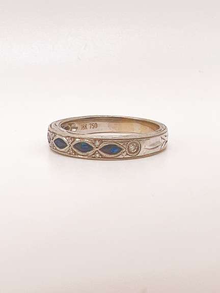 Vintage 18kt Solid White Gold, Blue Sapphire, & Diamond Band