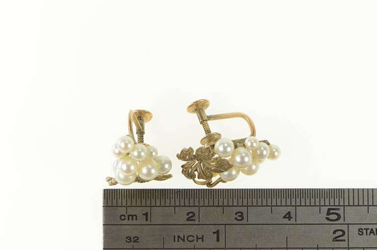 10K Yellow Gold 1960's Pearl Cluster Leaf Screw Back Earrings