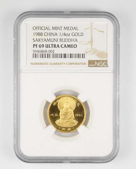 PF69UCAM 1988 China 1/4 Oz. Gold Sakyamuni Buddha Mint Medal NGC