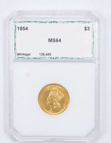 MS64 1854 $3.00 Indian Princess Head Three-Dollar Gold Piece - PCI