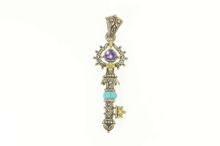 Sterling Silver Elaborate Amethyst Turquoise Skeleton Key 14K Pendant