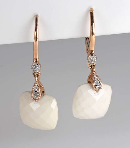 Stylish White Agate & Diamond Drop Earrings in 14K RG
