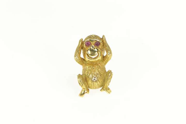 18K Yellow Gold Hear No Evil Ruby Eyed Diamond Monkey Lapel Pin/Brooch