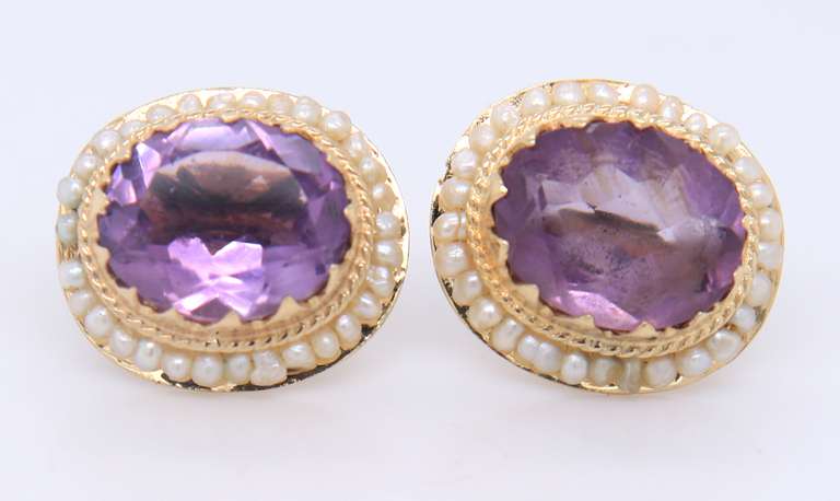 Vintage Yellow gold approximate 4.40ctw oval Amethyst and Seed Pearl Earrings