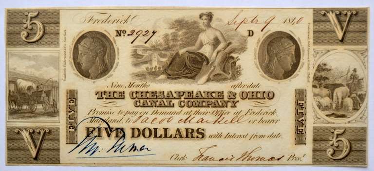 $5 Chesapeake &Ohio Canal Co Fredeick MD 1840 CH CU Note