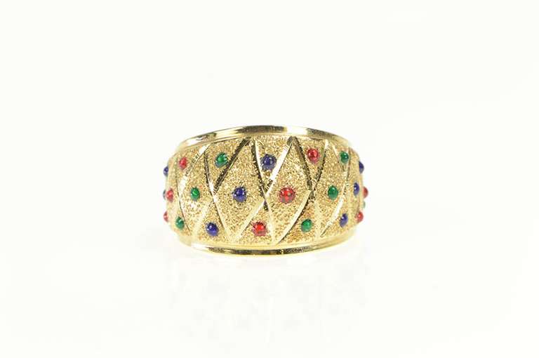 14K Yellow Gold Lattice Colorful Resin Dotted Domed Band Ring