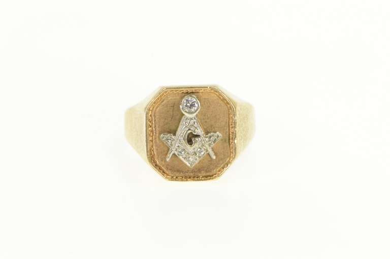 14K Yellow Gold G Masonic Diamond Compass Square Men's Ring