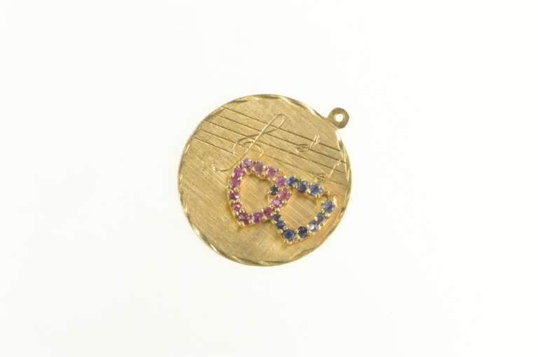 14K Yellow Gold 1960's Ruby Sapphire Heart Music Note Charm/Pendant