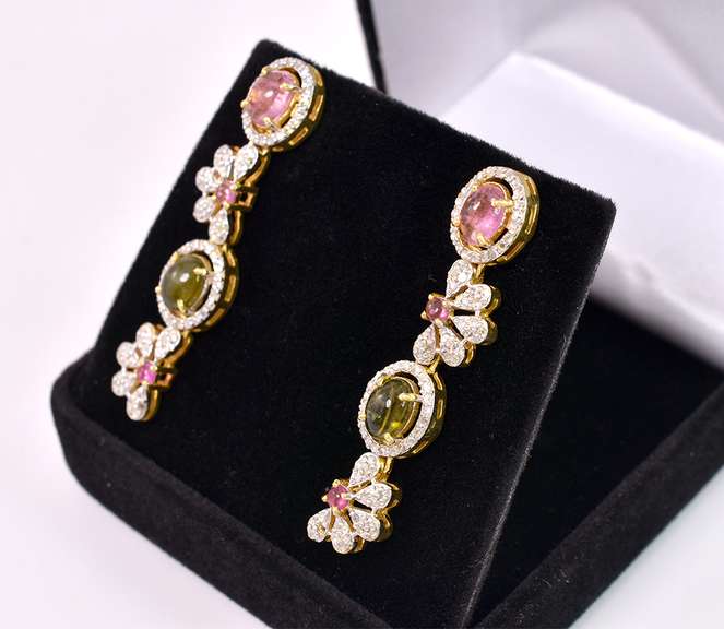 Fantastic 3.50CTW Colorful Tourmaline & 2.50CTW Diamond Foral Dangle Earrings in Gold Plated Sterling Silver