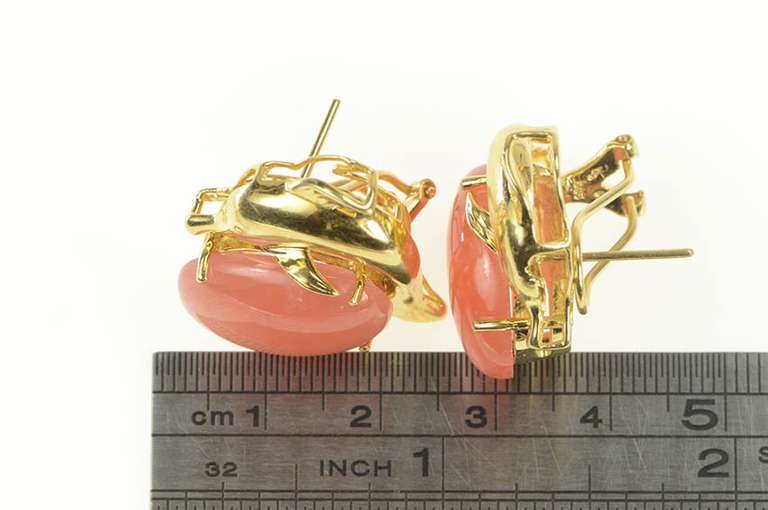 14K Yellow Gold Sunstone Cabochon Ornate Dolphin French Clip Earrings