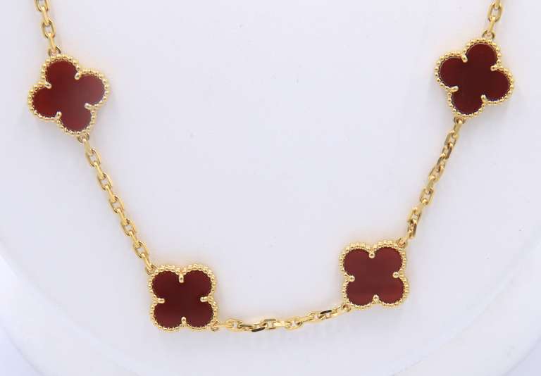Vintage Van Cleef & Arpels Alhambra 20 Motif Carnelian Station Necklace in 18K W/Box