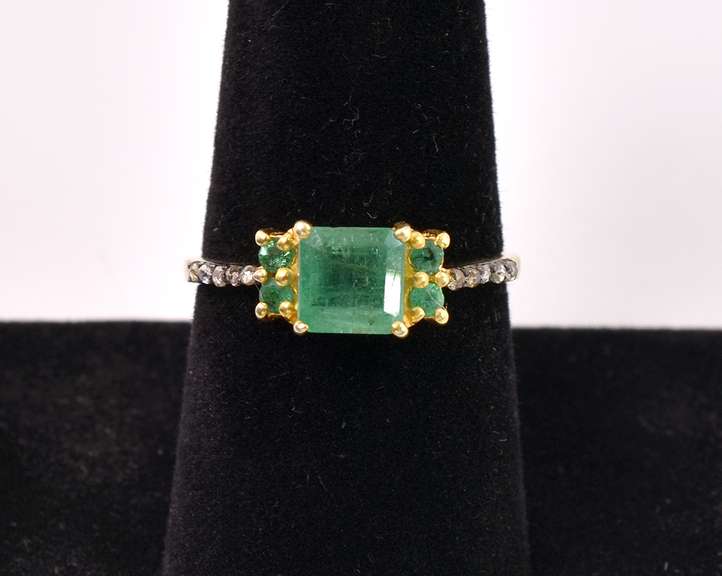 Stunning 1.88CTW Emerald & 0.10CTW Diamond Ring in Gold Plated Sterling Silver