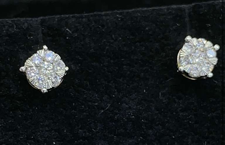 ROUND BRILLIANT CLUSTER DIAMOND STUDS TWO TONE 14K YELLOW WITH WHITE GOLD PRONGS