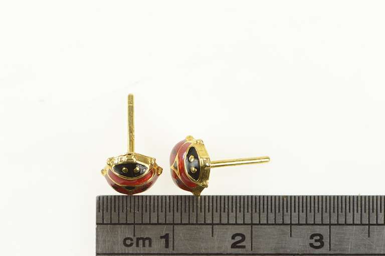 14K Yellow Gold 3D Enamel Lucky Lady Bug Stud Earrings