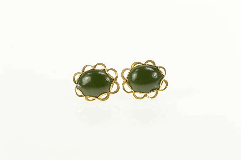 14K Yellow Gold Oval Nephrite Cabochon Retro Stud Earrings