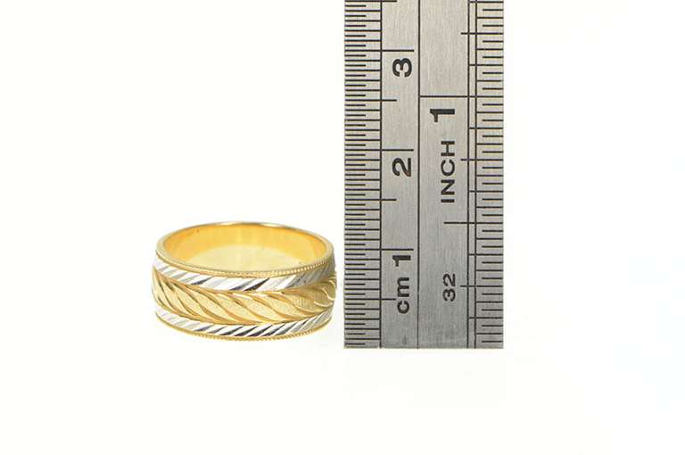 14K Yellow Gold 7.5mm Grooved Two Tone Wedding Band Ring