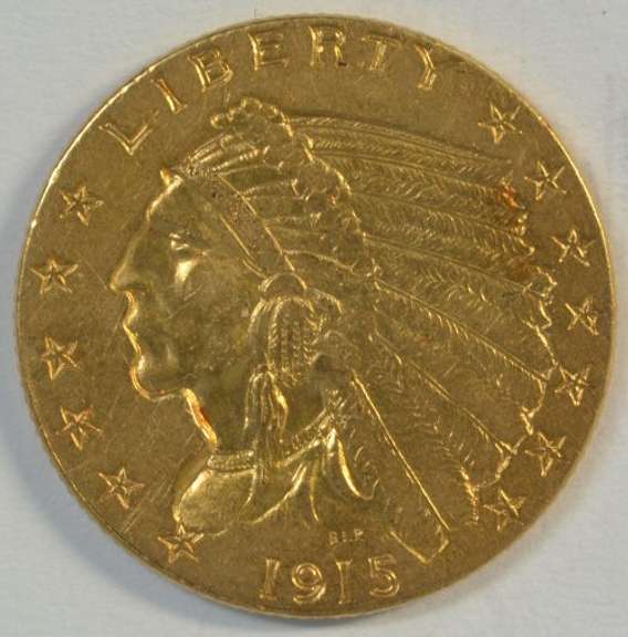 Appealing 1915 US $2.50 Indian Gold Piece. Nice