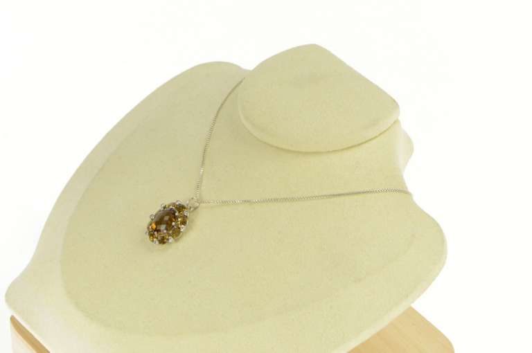 14K White Gold Oval Faceted Smoky Quartz Diamond Halo Pendant