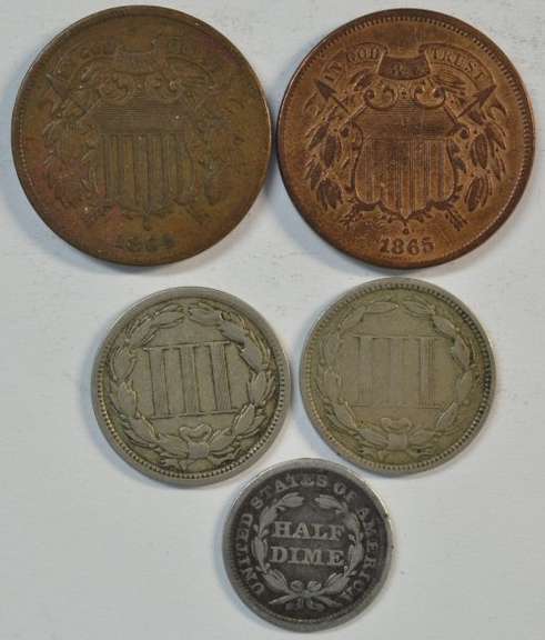 1864 & 1865 2c, 1865 & 1876 3c, and 1857 Seated Half Dime
