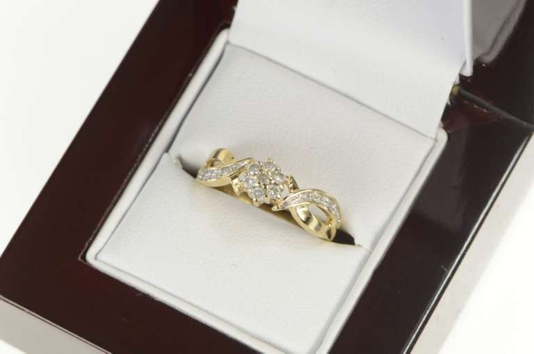 10K Yellow Gold Flower Diamond Cluster Promise Statement Ring