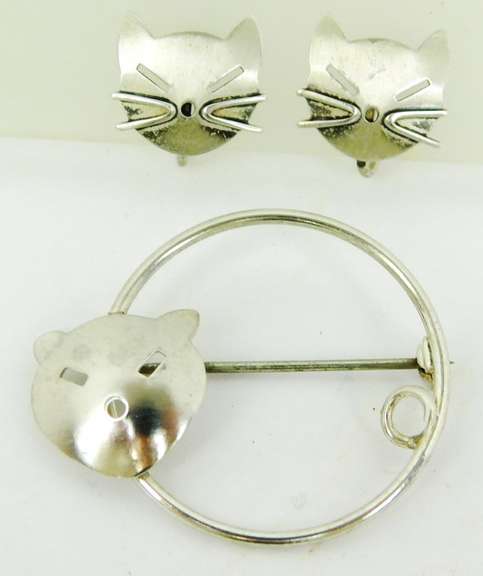 Vintage Signed Sterling Cat Pin & Earrings