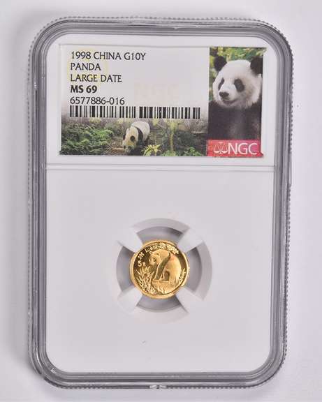 MS69 1998 China 10 Yuan 1/10 Oz. .999 Fine Gold Panda Large Date NGC