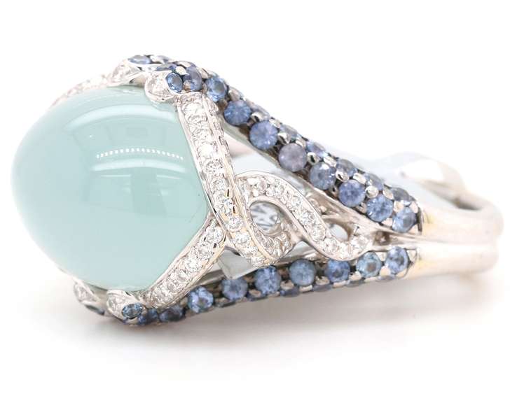 New 12.20ct Chalcedony 1.84ctw Sapphire and 0.88ctw Diamond Frame Ring in 18K