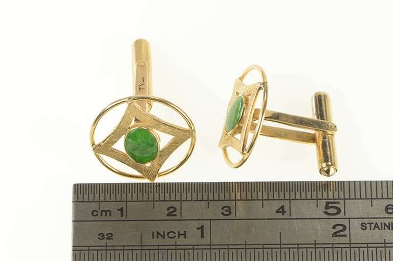 14K Yellow Gold 1960's Geometric Jade Ornate Retro Men's Cuff Links