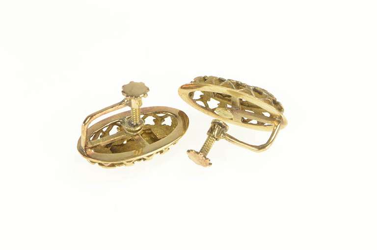 18K Yellow Gold Victorian Ornate Filigree Oval Screw Back Earrings