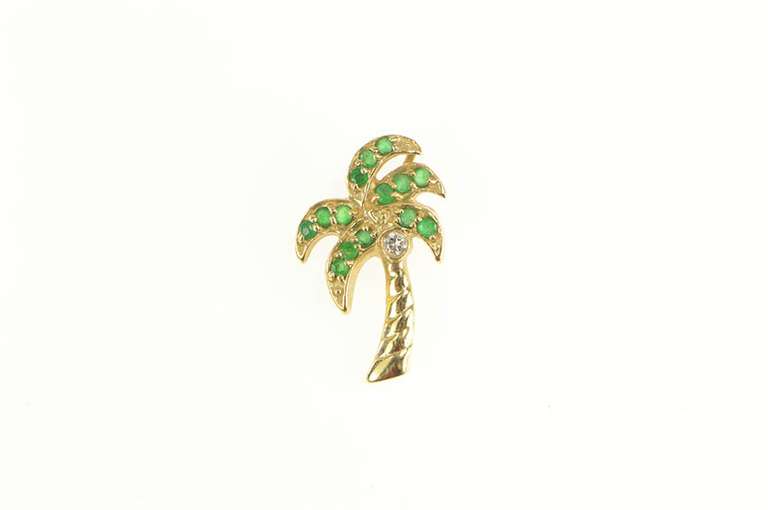 14K Yellow Gold Emerald Diamond Palm Tree Tropical Motif Pendant