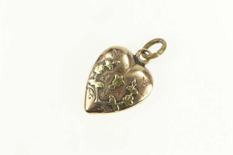 14K Yellow Gold Victorian Thistle Forget Me Not Heart Charm/Pendant