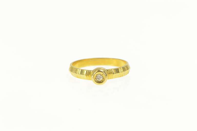 18K Yellow Gold Diamond Solitaire Grooved Band Stackable Ring