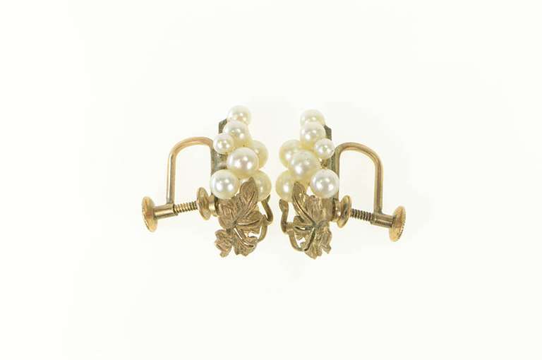 10K Yellow Gold 1960's Pearl Cluster Leaf Screw Back Earrings