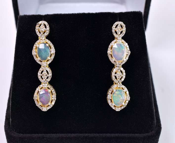 Brilliant 1.50CTW Opal W/ Fire & 1.80CTW Diamond Dangle Earrings in Gold Plated Sterling Silver