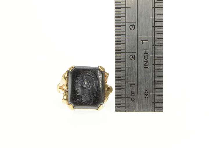 14K Yellow Gold Art Deco Hematite Carved Intaglio Vintage Ring