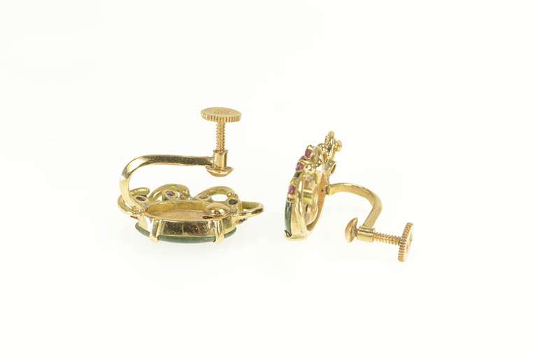 14K Yellow Gold 1940's Nephrite Syn. Ruby Crown Screw Back Earrings