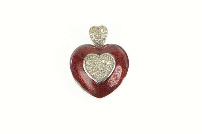 14K White Gold 0.40 Ctw Diamond Red Enamel Heart Love Pendant