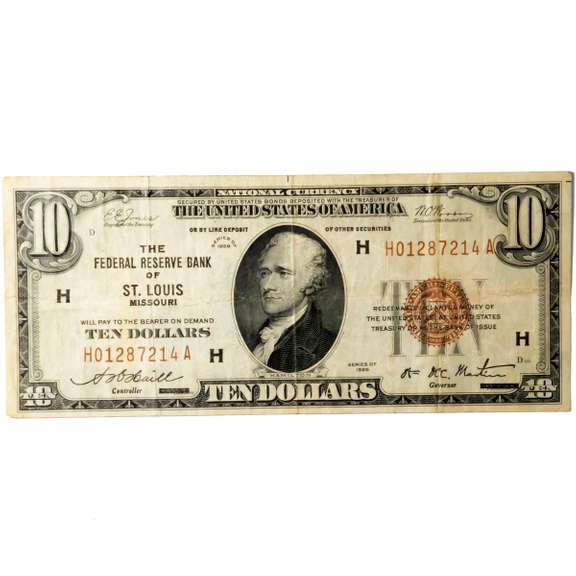 $10 1929 National Currency St Louis MoNote