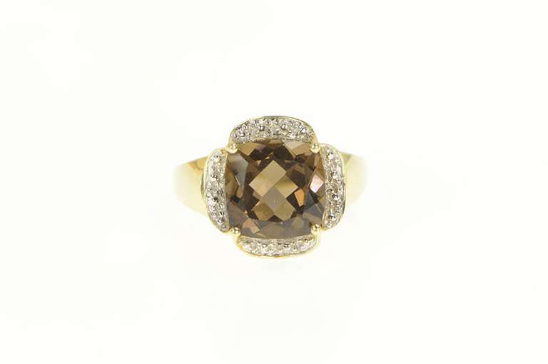 14K Yellow Gold Cushion Smoky Quartz Scalloped Statement Ring