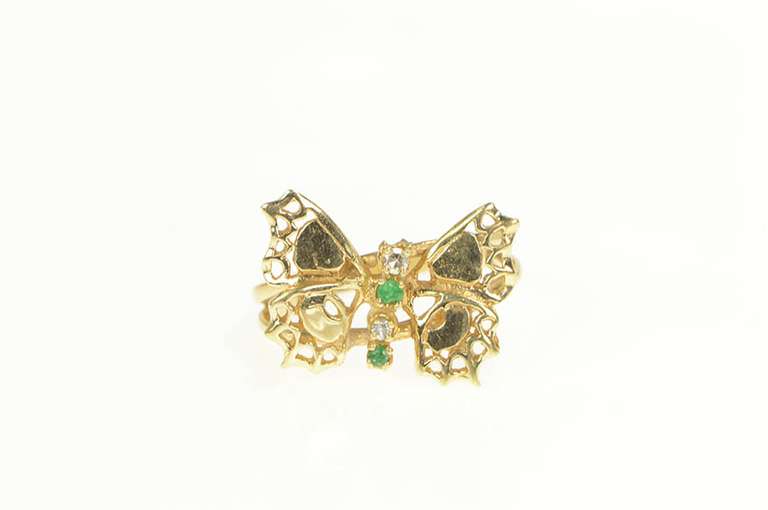 10K Yellow Gold Diamond Emerald Ornate Retro 3D Butterfly Ring