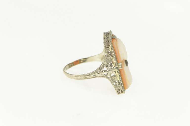 14K White Gold Art Deco Filigree Carved Shell Cameo Diamond Ring