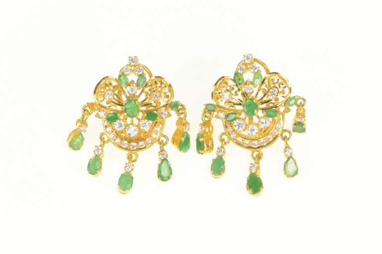 22K Yellow Gold Natural Emerald CZ Encrusted Fringe Statement Earrings