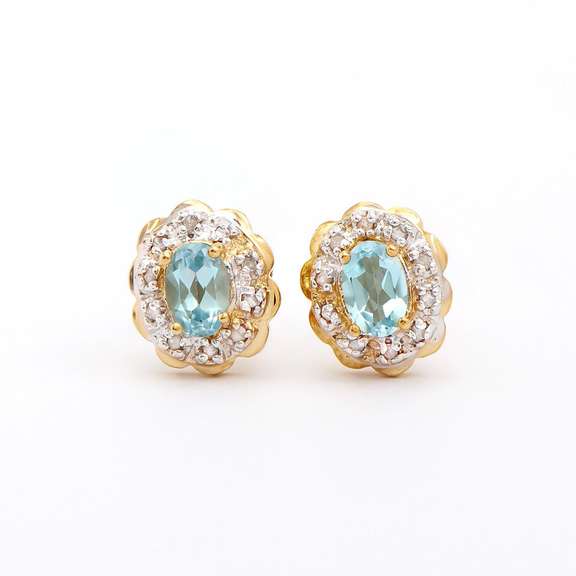 Plated 18KT Yellow Gold 1.3cts Blue Topaz and Diamond Earrings