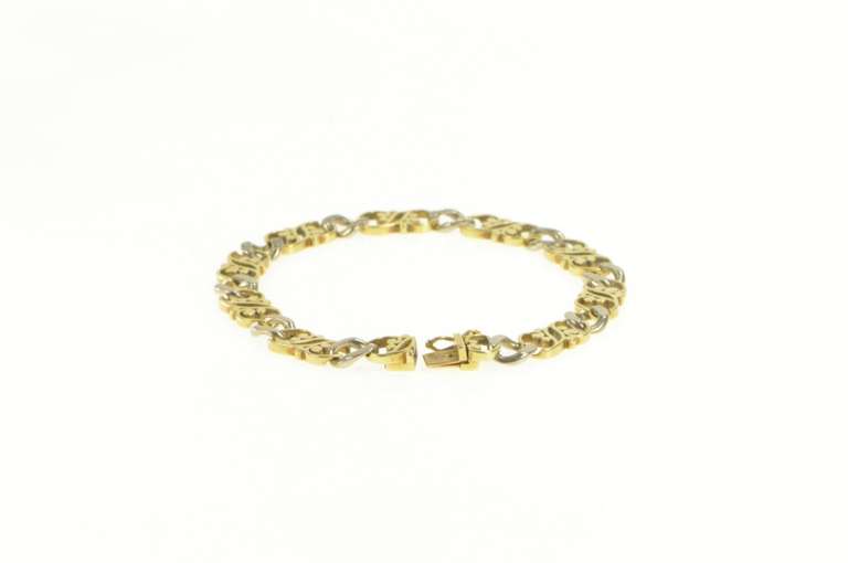 14K Yellow Gold Two Tone Diamond Scroll Filigree Chain Link Bracelet