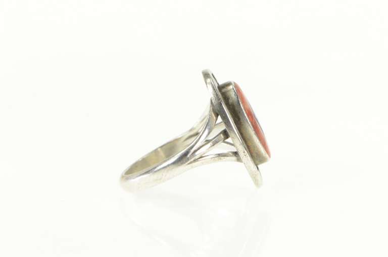 Sterling Silver Teme Coral Lapis Southwestern Geometric Ring