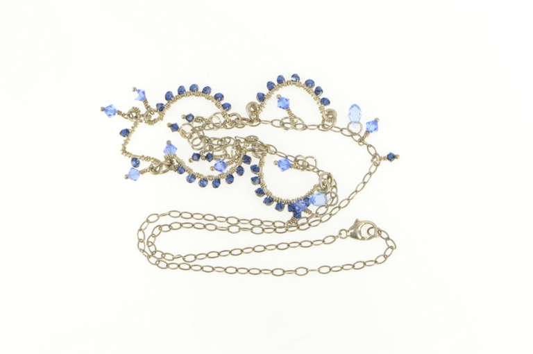 Sterling Silver Blue Beaded Fringe Scalloped Statement Necklace