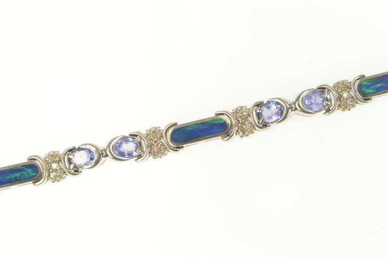 14K White Gold Black Opal Inlay Tanzanite Diamond Statement Bracelet