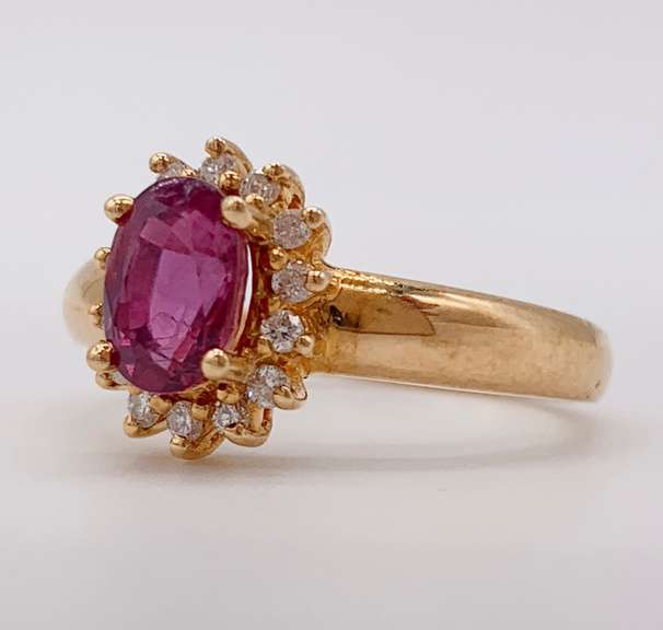 18kt Solid Yellow Gold, Ruby, and Diamond Halo Cocktail Ring
