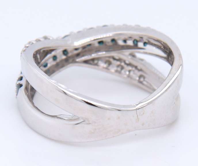 Powerful White Gold Ir Teal and White Diamond Crossover Ring